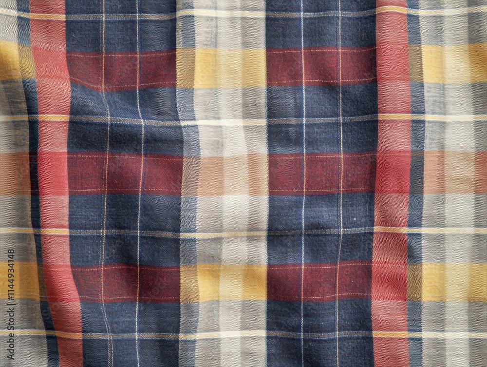 A close-up view of a colorful plaid fabric featuring blue, red, and yellow squares, displaying a textured and woven pattern. A close-up view of a colorful plaid fabric featuring blue, red, and yellow squares, displaying a textured and woven pattern.