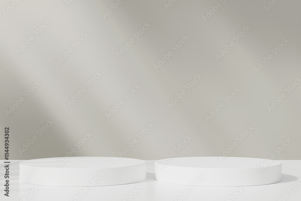 Set of white realistic 3d cylinder pedestal podium in pastel colorful abstract rooms. 3d rendering geometric forms. Minimal wall scene. Stage showcase, Product display. Set of white realistic 3d cylinder pedestal podium in pastel colorful abstract rooms. 3d rendering geometric forms. Minimal wall scene. Stage showcase, Product display.