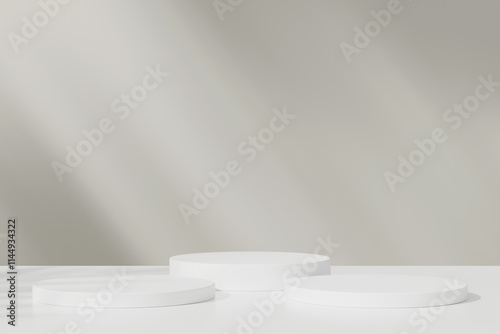 Set of white realistic 3d cylinder pedestal podium in pastel colorful abstract rooms. 3d rendering geometric forms. Minimal wall scene. Stage showcase, Product display.