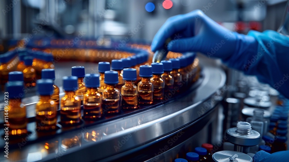Empty copy space background for presentation banner mockup. Hand with sanitary gloves check Medical vials on production line at pharmaceutical factory Empty copy space background for presentation banner mockup. Hand with sanitary gloves check Medical vials on production line at pharmaceutical factory