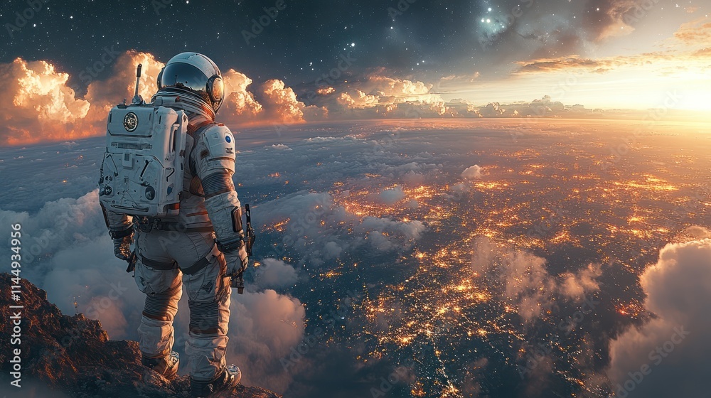 Astronaut on a planet overlooking a sprawling city at sunset. Astronaut on a planet overlooking a sprawling city at sunset.