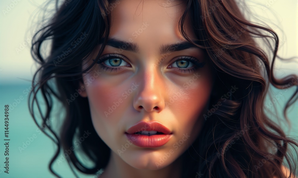  A close up of a woman's face with long brown hair