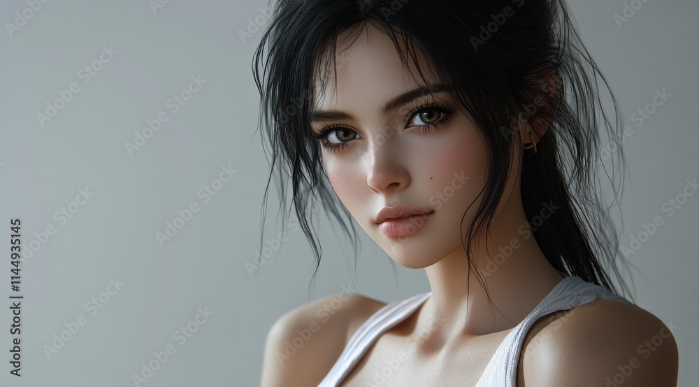 Beautiful Young Woman with Black Ponytail, Brown Eyes, and White Tank Top Beautiful Young Woman with Black Ponytail, Brown Eyes, and White Tank Top