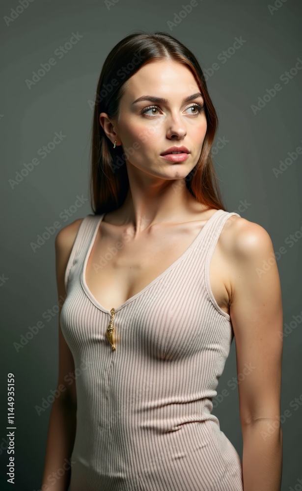 A woman in a beige tank top posing for a picture A woman in a beige tank top posing for a picture
