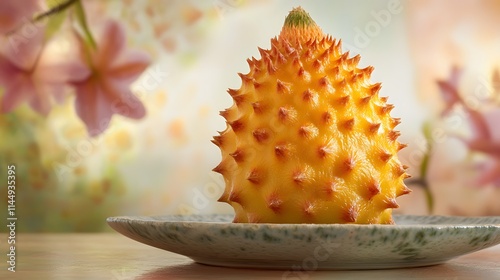 image of a Kiwano on a plate, set against a soft, blurred background