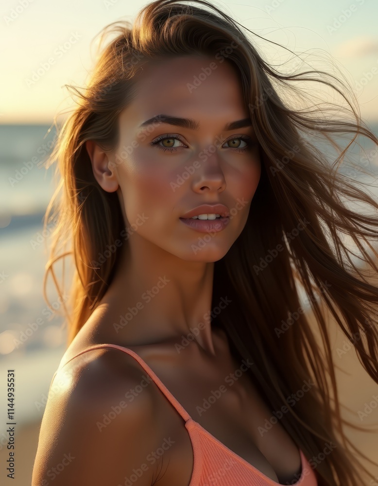 A woman with long brown hair standing on a beach A woman with long brown hair standing on a beach