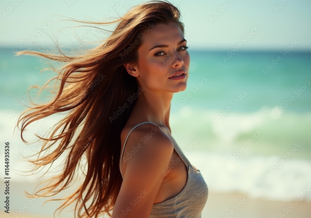 A woman with long brown hair standing on a beach A woman with long brown hair standing on a beach