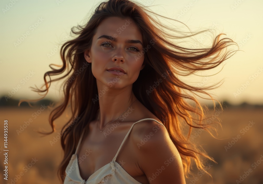 A woman with long brown hair standing in a field