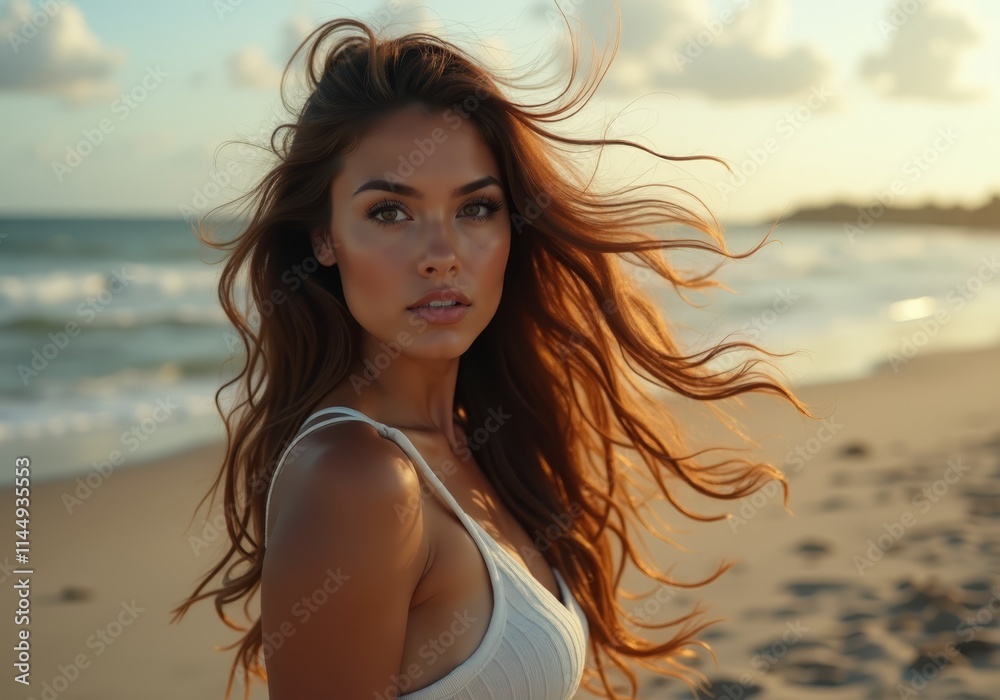 A woman with long brown hair standing on a beach A woman with long brown hair standing on a beach