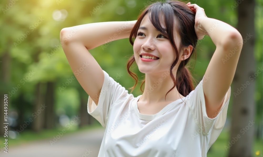 A woman in a white shirt is smiling and holding her hair up A woman in a white shirt is smiling and holding her hair up