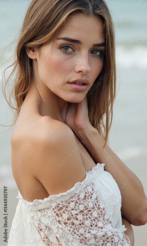 A woman in a white dress on the beach