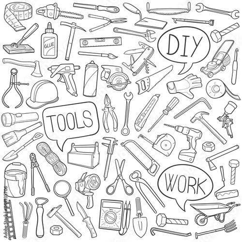 Bundle Tools and Equipment Traditional Doodle Icons Sketch Hand Made Design Vector.