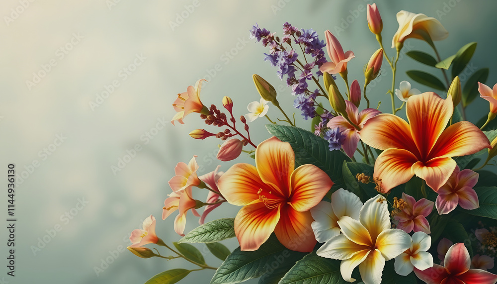 Obraz premium Summer beautiful fantasy vintage wallpaper all tropical botanical flowers bunch,vintage motif for floral print digital background, Dreamy, with white tones