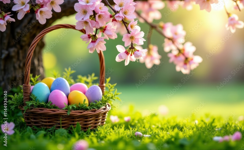 A basket full of colorful easter eggs under a tree with pink flowers A basket full of colorful easter eggs under a tree with pink flowers