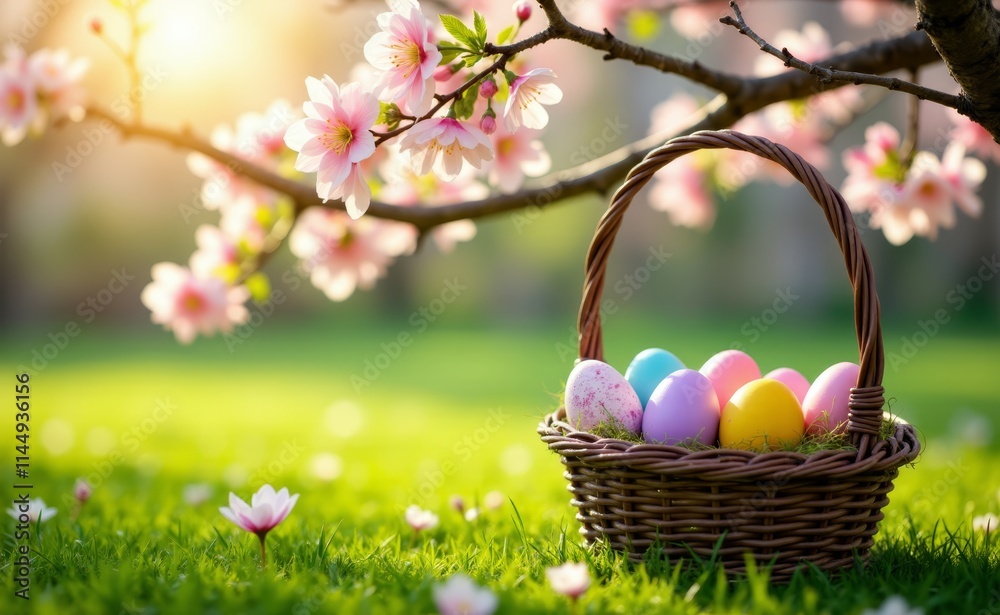 A basket full of colorful easter eggs under a tree with pink flowers A basket full of colorful easter eggs under a tree with pink flowers