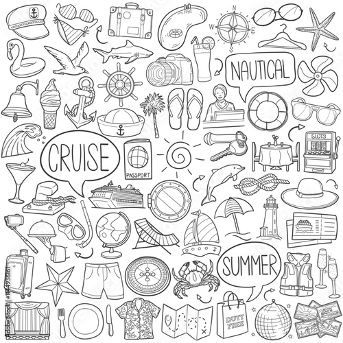 Bundle Cruise Vacation Summer Traditional Doodle Icons Sketch Hand Made Design Vector.