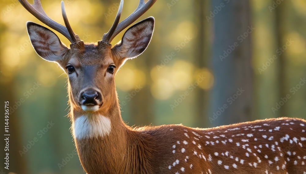 Obraz premium Detailed close-up of a wild deer in its natural habitat, showcasing its majestic antlers and gentle features, set against a bokeh forest background
