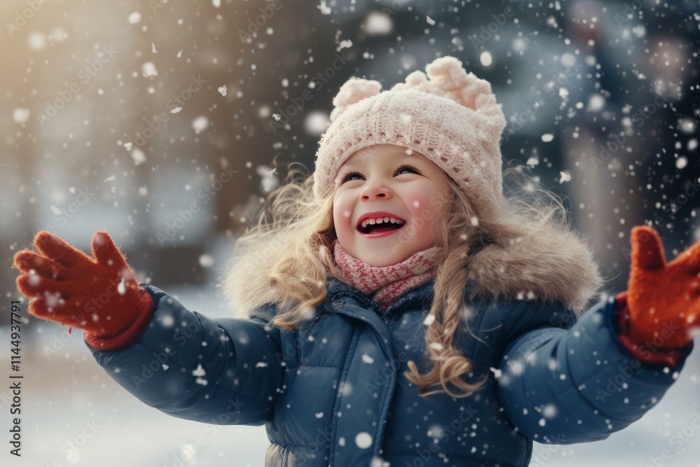 Happy child playing with falling snow in winter forest, enjoying snowy winter day Happy child playing with falling snow in winter forest, enjoying snowy winter day