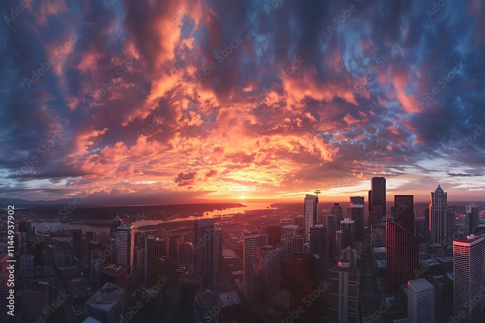 Fototapeta premium Beautiful sunset in the city with dramatic sky and reflection in water
