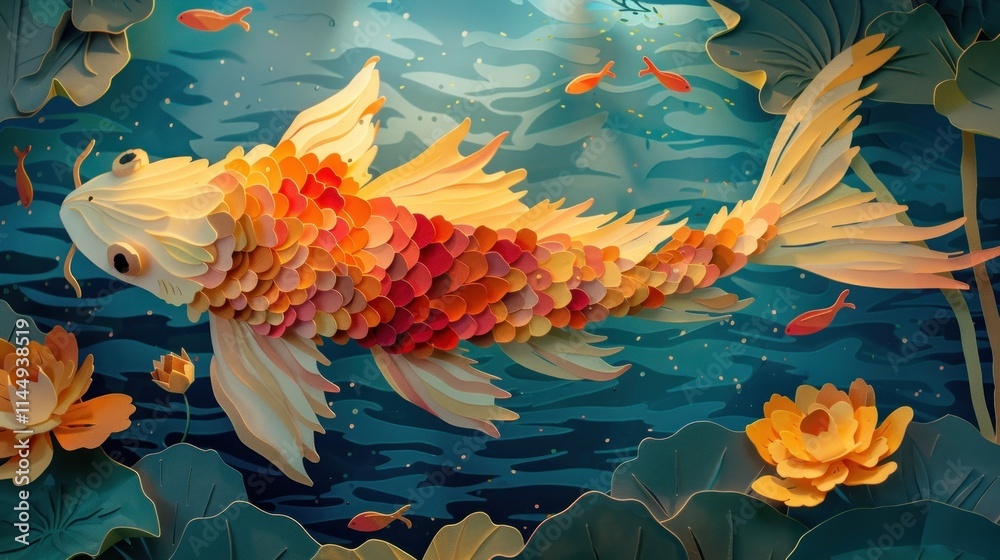 Mesmerizing image of vibrant orange and yellow koi fish swimming amidst blooming lotus flowers in a tranquil serene aquatic garden pond The surreal dreamlike scene creates a sense of harmony beauty Mesmerizing image of vibrant orange and yellow koi fish swimming amidst blooming lotus flowers in a tranquil serene aquatic garden pond The surreal dreamlike scene creates a sense of harmony beauty