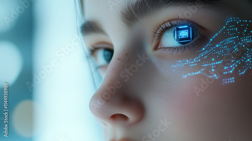 A womanâs face in soft focus, with an AI chip glowing faintly on her temple and intricate blue circuit patterns seamlessly integrated into her skin, symbolizing harmony between tec photo