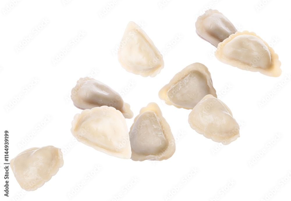 Dumplings (varenyky) in air on white background Dumplings (varenyky) in air on white background