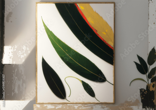 Closeup of a piece of modern art resembling leaves with a thin gilded frame and minimal furniture surrounding it. photo