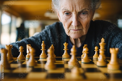 portrait of elderly woman intensely focusing on chessboard photo