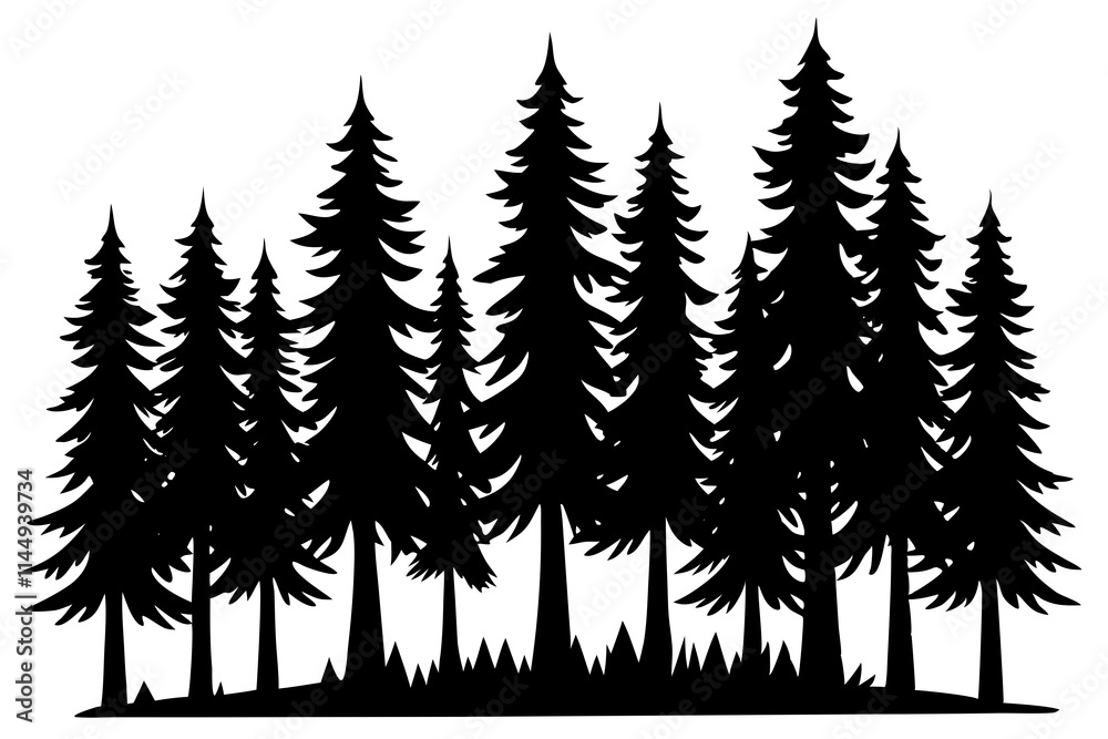 Obraz premium Silhouette of a forest with tall trees, flat vector art on white background 02