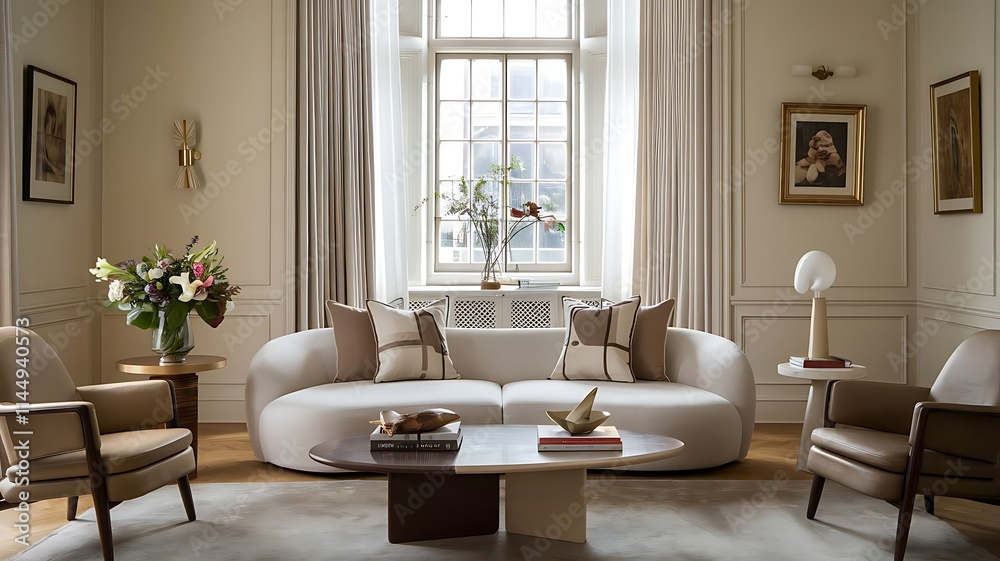 Fototapeta premium Interior design of the stylish living room with modern neutral sofa decoration and elegant personal accessories in home decor.