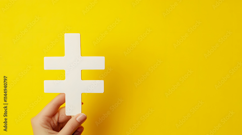 Obraz premium Close-up of a human hand holding a large white hashtag sign against a yellow background for social media marketing