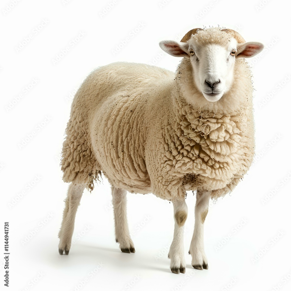 Healthy ram sheep with thick wool coat standing on white background in studio Healthy ram sheep with thick wool coat standing on white background in studio