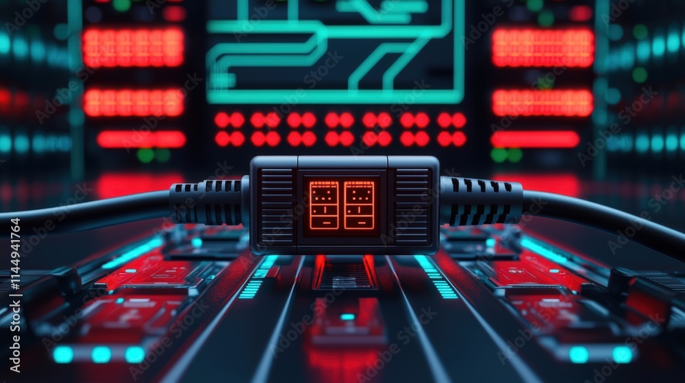 Naklejka premium Ethernet network and efficiency concept, A futuristic digital interface featuring a sleek device with glowing buttons, connected by cables, set against a backdrop of vibrant neon lights.