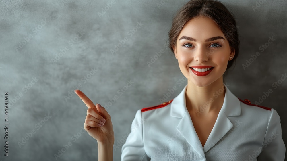 A smiling woman in a white uniform points to the side, suggesting engagement or instruction. A smiling woman in a white uniform points to the side, suggesting engagement or instruction.