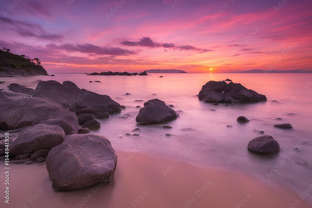 Sunset at a beach with large rocks scattered along the shore, a small boat anchored at the water's edge, and a sky painted in orange, pink, and purple hues.
Sunset at a beach with large rocks scattered along the shore, a small boat anchored at the water's edge, and a sky painted in orange, pink, and purple hues.