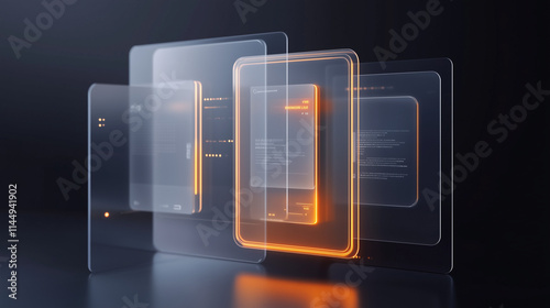 Futuristic Transparent Interfaces: Sleek, translucent devices with glowing orange accents, showcasing innovative app designs and futuristic technology.