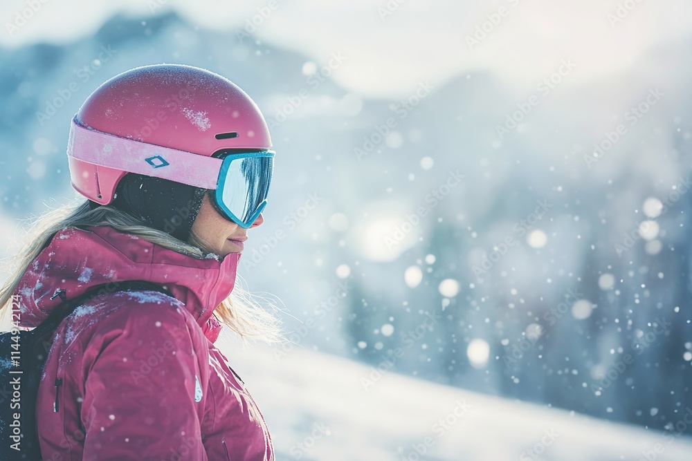 portrait of female skier in pink helmet and jacket standing still on snow-covered hill blurred mountain background portrait of female skier in pink helmet and jacket standing still on snow-covered hill blurred mountain background