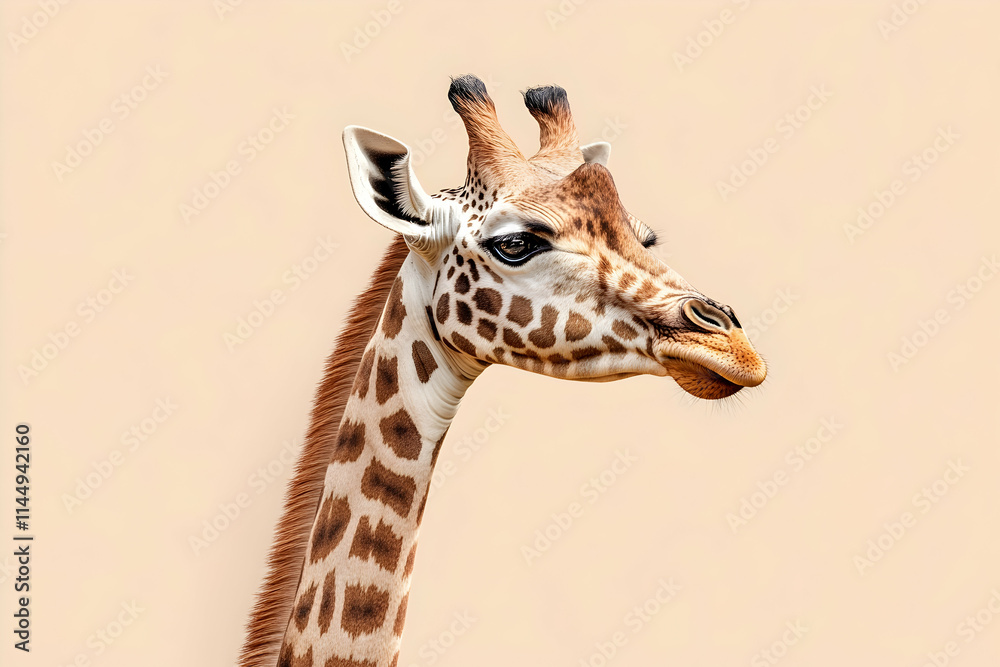 Naklejka premium Young Giraffe Portrait, Zoo Setting, Beige Background, Wildlife Conservation.