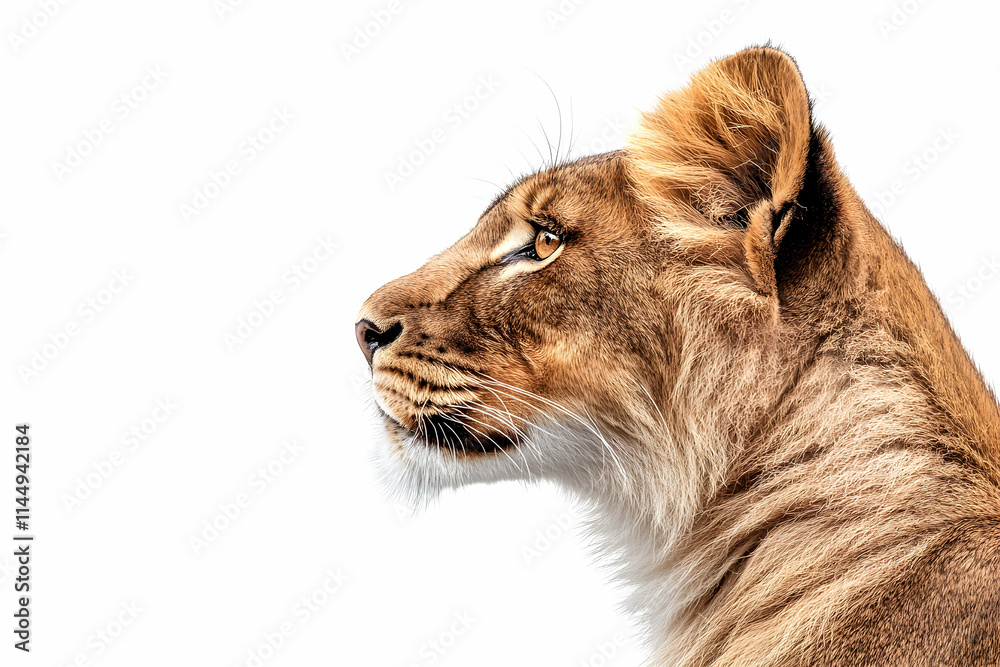 Fototapeta premium Young Lioness Profile, White Background, Wildlife Conservation, Logo Design.