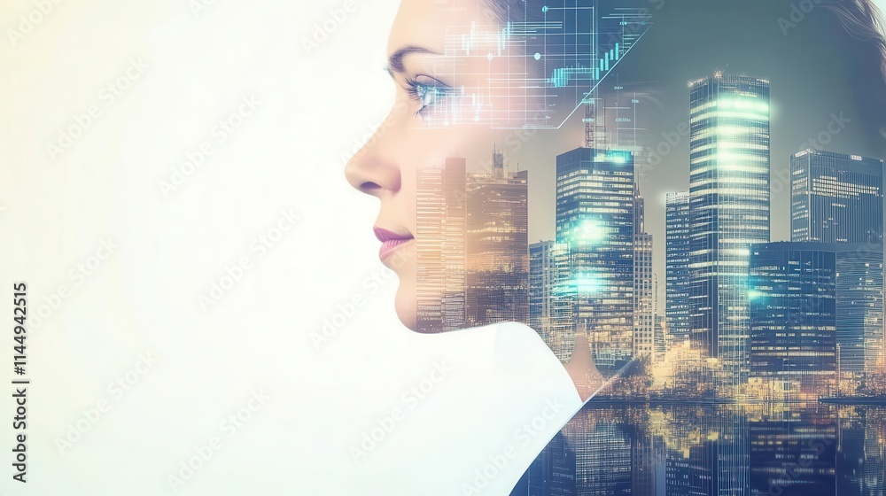 Artistic image of financial growth represented by a professional in action with digital overlays of dynamic bar graphs. Artistic image of financial growth represented by a professional in action with digital overlays of dynamic bar graphs.