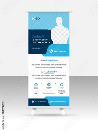 Roll Up medical corporate business roll up banner design template. Banner template design with modern abstract background, hospital logo . Editable vector illustration. 