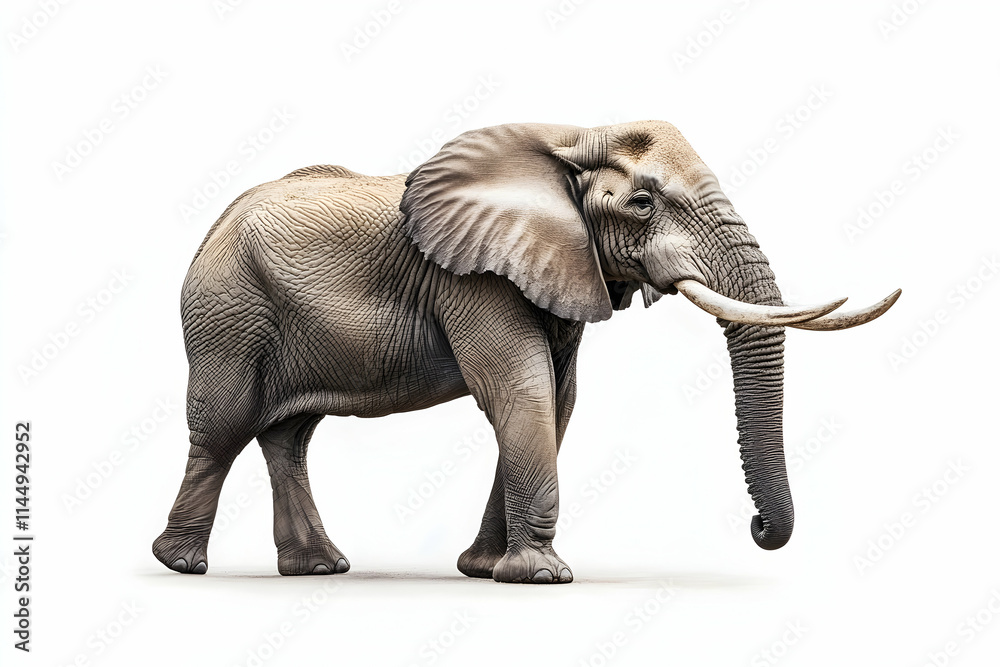Fototapeta premium African Elephant Standing, Isolated White Background, Wildlife Safari, Conservation Poster.