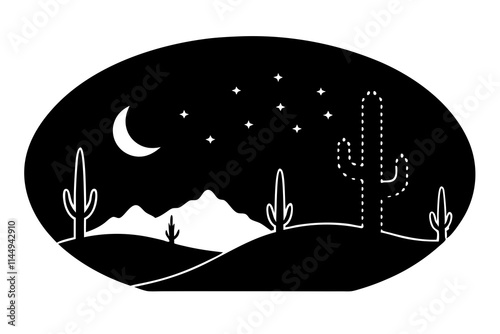 Silhouette of a desert scene with cacti, flat vector style  on white background 05