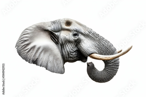 African Elephant Profile, White Background, Wildlife Conservation, Zoo, Print. photo