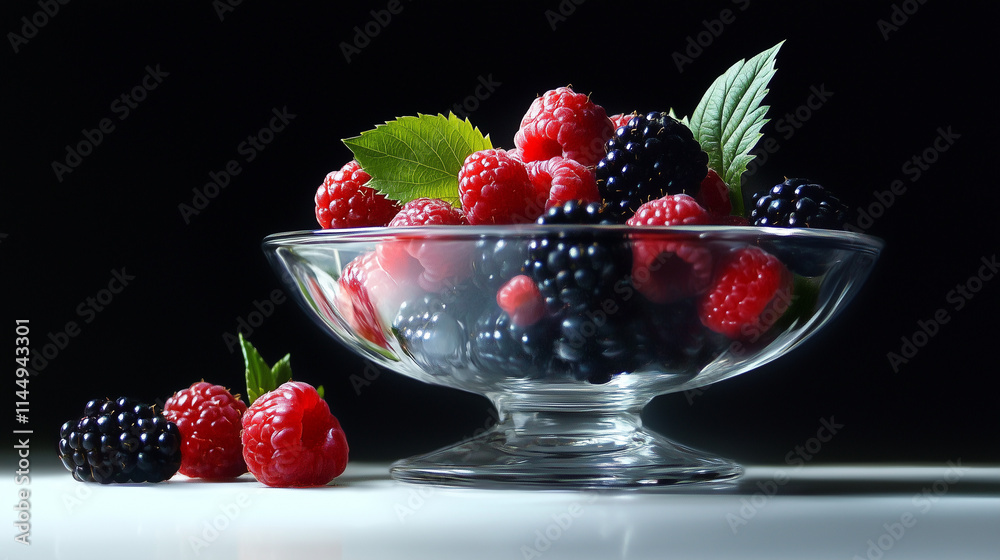 A balanced composition of ripe berries, including deep red and purple tones, with crisp green leaves artfully arranged in a glass bowl on white A balanced composition of ripe berries, including deep red and purple tones, with crisp green leaves artfully arranged in a glass bowl on white