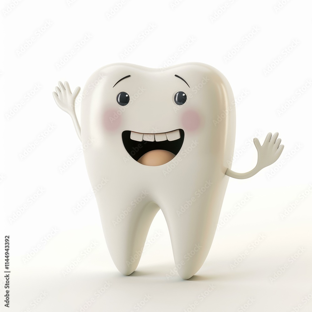 Cartoon tooth with a big smile waving two hands on a white background Cartoon tooth with a big smile waving two hands on a white background