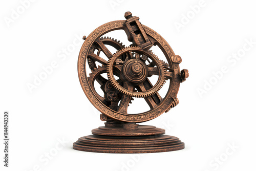 Antique Wooden Orrery Gears Mechanism Isolated White Background Science Education.