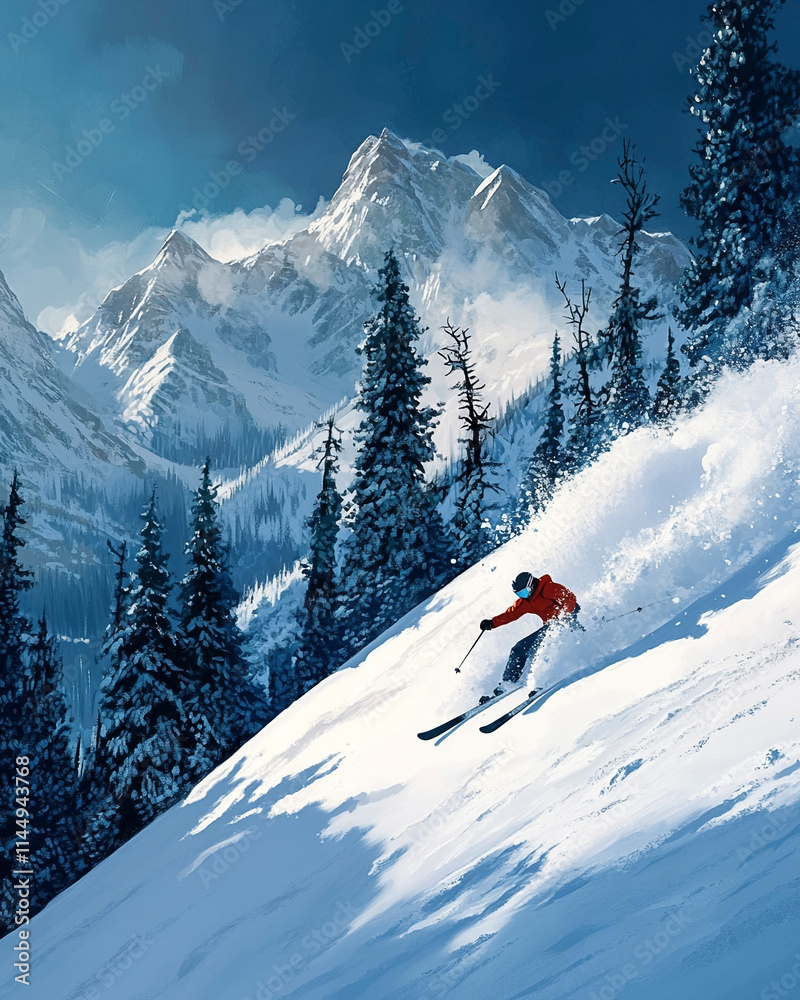 Skier on a Sunlit Mountain Slope with Fresh Powder and Snow Spray Skier on a Sunlit Mountain Slope with Fresh Powder and Snow Spray