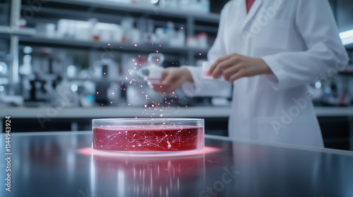 A researcher in a high-tech laboratory using augmented reality to analyze the chemical makeup of a cosmetic product, the formula dynamically changing in mid-air as lab instruments