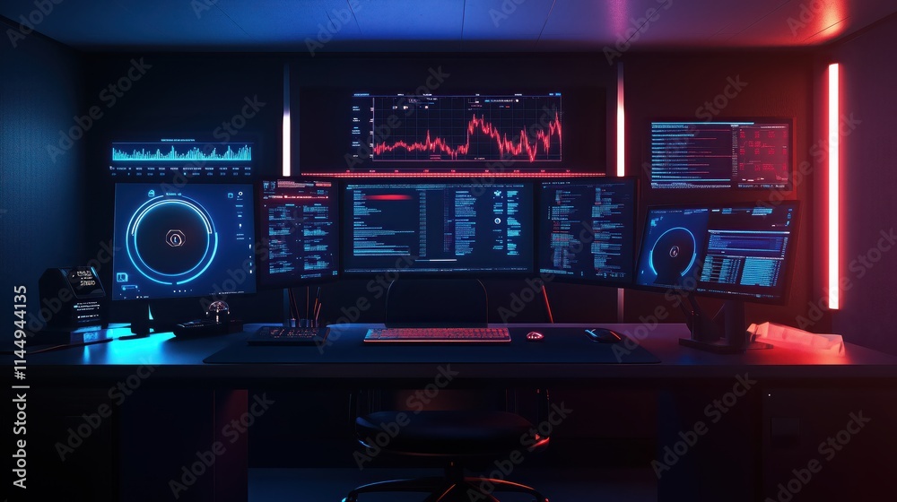 Futuristic hacker's den with multiple glowing monitors displaying data Futuristic hacker's den with multiple glowing monitors displaying data